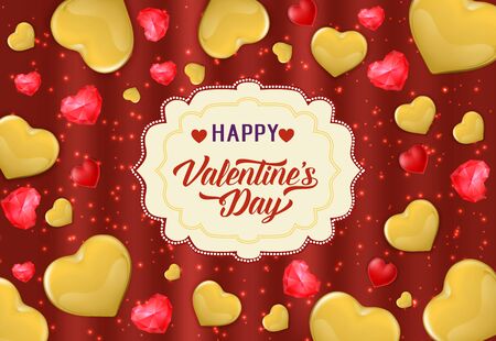 Happy Valentine lettering on vintage label. Saint Valentines Day greeting card with hearts. Handwritten and typed text, calligraphy. For greeting cards, posters, leaflets and brochures.のイラスト素材