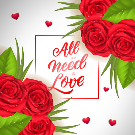 All you need is love lettering in frame with hearts and flowers. Calligraphic inscription can be used for greeting cards, festive design, posters, banners.のイラスト素材