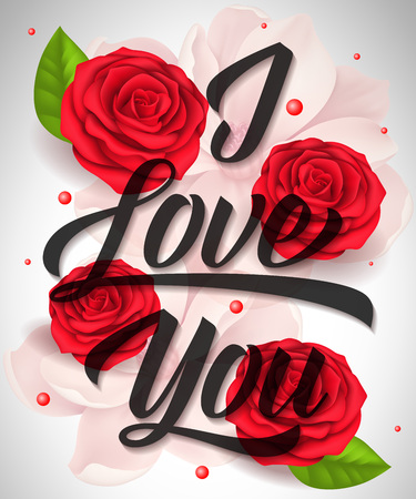 I love you lettering with blossoms and roses. Calligraphic inscription can be used for greeting cards, romantic messages, posters, banners.のイラスト素材