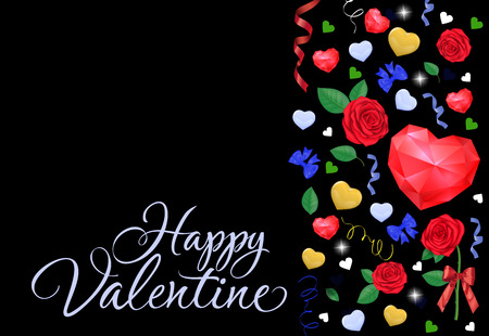 Happy Valentine calligraphic lettering. Valentines Day greeting card with red polygon heart, roses, bow, streamers.のイラスト素材