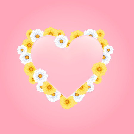 Illustration of pink heart in flower frame. Chamomile, framework, decoration, romance concept. Can be used for topics like Valentine's day, special day, celebration.のイラスト素材