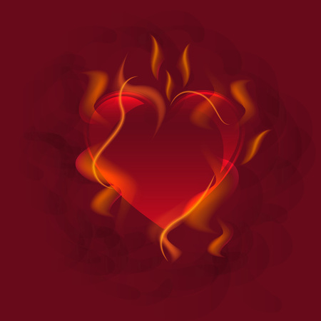 Illustration of red heart in fire. Burning, flame, love. Romance concept. Can be used for topics like Valentines day, celebration, dinnerのイラスト素材