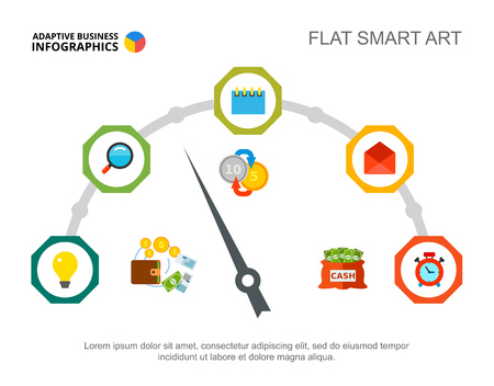 Five divisions gauge process chart slide template. Business data. Currency, money, design. Creative concept for infographic, project. Can be used for topics like analysis, management, finance.のイラスト素材