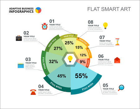 Eight options percentage chart slide template. Business data. Idea, project, design. Creative concept for infographic, report. Can be used for topics like management, marketing, research.のイラスト素材