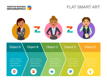 Five objects process chart slide template. Business data. Communication, employee, design. Creative concept for infographic, project. Can be used for topics like strategy, management, teamwork.のイラスト素材