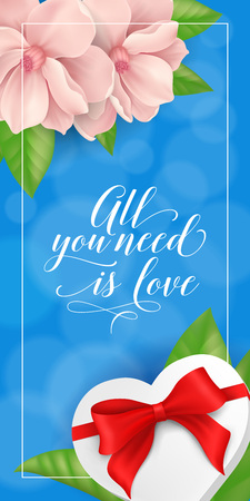 All You Need is Love lettering. Saint Valentines Day greeting card with flowers and gift box. Handwritten text, calligraphy.のイラスト素材
