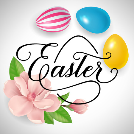 Easter Lettering with Colored Eggs Vector illustration.のイラスト素材