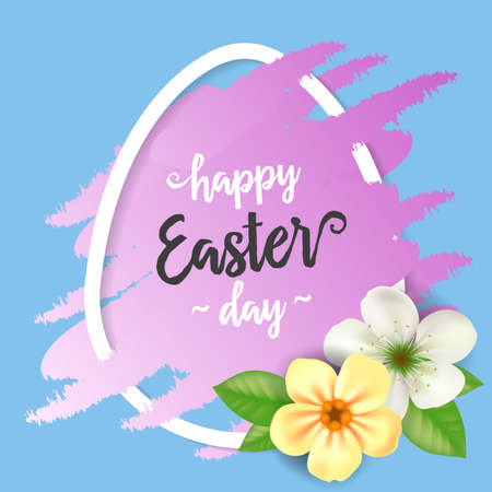 Happy Easter Inscription, Brush Strokes with flowers.のイラスト素材