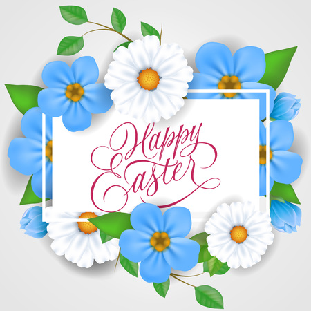 Happy Easter lettering in rectangular frame with white and blue flowers. Calligraphic inscription can be used for greeting cards, festive design, postcards, postersのイラスト素材