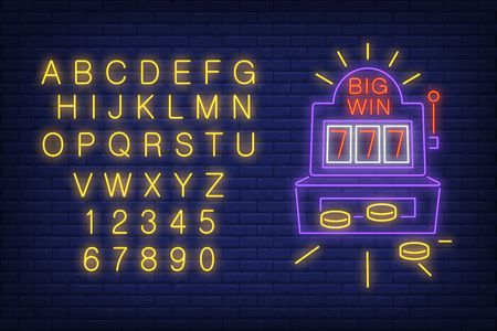 Big win neon sign slot machine with alphabet typography vector illustrationのイラスト素材