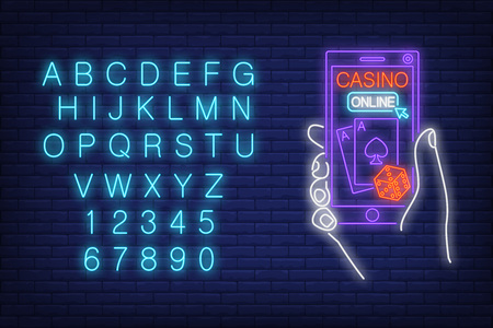 Casino online neon sign with alphabet typography vector illustrationのイラスト素材