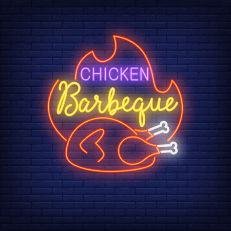Chicken barbeque neon sign vector illustrationのイラスト素材