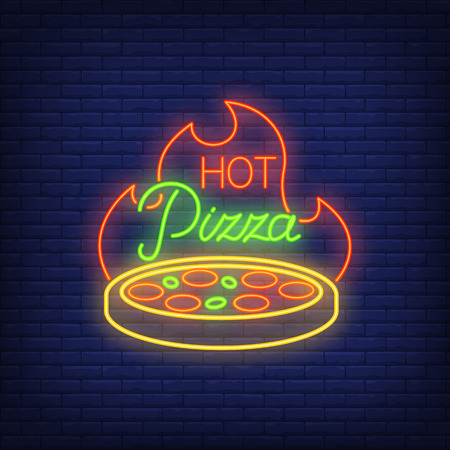 Hot pizza neon sign vector illustrationのイラスト素材
