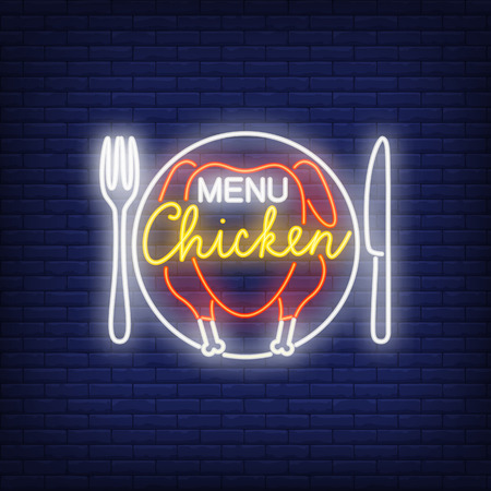 Menu chicken neon sign on brick wall vector illustrationのイラスト素材