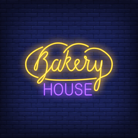 Bakery house neon sign. Loaf of bread on brick wall. Night bright advertisement. Vector illustration in neon style for cafe and coffee shopのイラスト素材