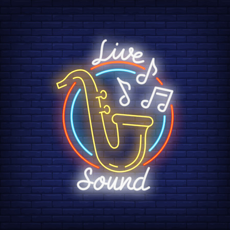 Live sound neon sign. Saxophone with music notes in round frame on brick wall. Night bright advertisement vector illustration in neon style for restaurant or concert.のイラスト素材