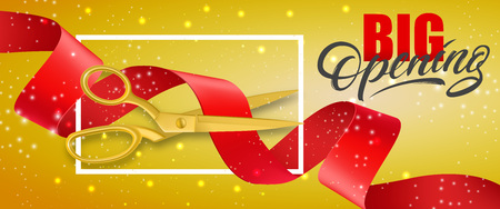 Big opening glittering banner design with frame and gold scissors cutting red ribbon on yellow background. Template can be used for signs, announcements, posters.のイラスト素材
