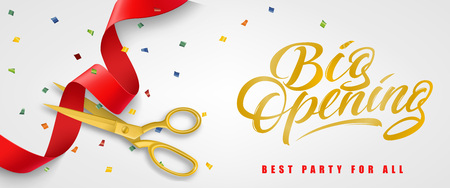 Big opening, best party for all festive banner design with confetti and gold scissors cutting red ribbon on white background. Lettering can be used for invitations, signs, announcements.のイラスト素材