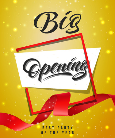 Big opening, best party of the year festive poster design with frame and red waved ribbon on yellow sparkling background. Template can be used for signs, announcements, banners.のイラスト素材