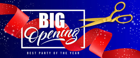Big opening, best party of the year sparkling banner design with frame, gold scissors and red waved ribbon on blue background. Template can be used for signs, announcements, posters.のイラスト素材