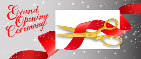Grand opening ceremony sparkling banner design with empty card and gold scissors cutting red ribbon on gray background. Template can be used for signs, announcements, posters.のイラスト素材