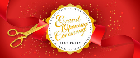 Grand opening ceremony, best party red banner design with text on white circle and gold scissors cutting red ribbon. Template can be used for signs, announcements, posters.のイラスト素材