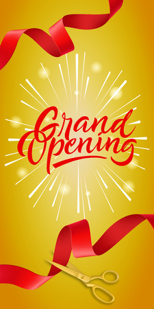 Grand opening vertical banner design with gold scissors cutting red ribbons on yellow background. Lettering can be used for invitations, signs, posters.のイラスト素材