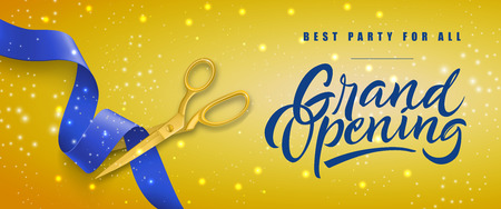 Grand opening, best party for all festive banner design with gold scissors cutting blue ribbon on yellow sparkling background. Lettering can be used for invitations, signs, announcements.のイラスト素材