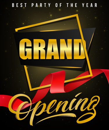 Grand opening, best party of the year festive poster design with gold frame and red waved ribbon on black background. Template can be used for signs, announcements, banners.のイラスト素材