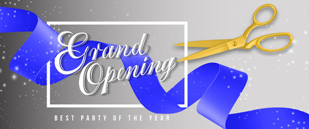 Grand opening, best party of the year sparkling banner design with frame, gold scissors and blue waved ribbon on gray background. Template can be used for signs, announcements, posters.のイラスト素材