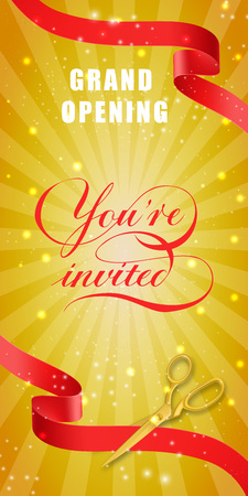 Grand opening, you are invited vertical banner design with gold scissors cutting red ribbons on yellow glittering background. Lettering can be used for invitations, signs, posters.のイラスト素材