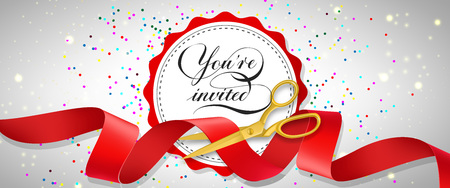 You are invited festive banner design with confetti, text on white circle and gold scissors cutting red ribbon. Template can be used for signs, announcements, posters.のイラスト素材