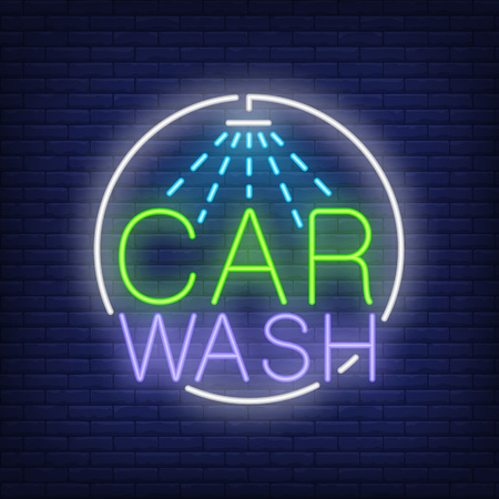 Car wash neon text and shower iconのイラスト素材