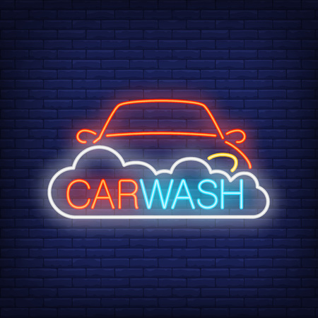 Carwash neon text with automobile and foam design.のイラスト素材