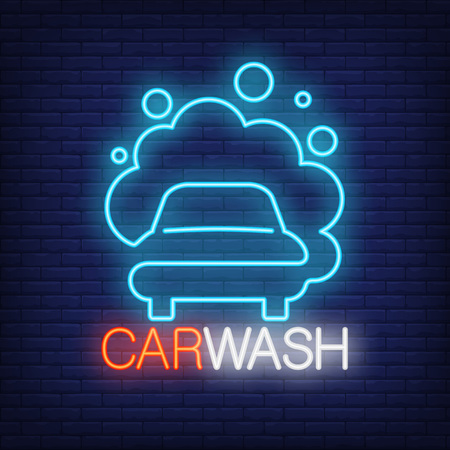 Carwash neon lettering and automobile with foam icon.のイラスト素材