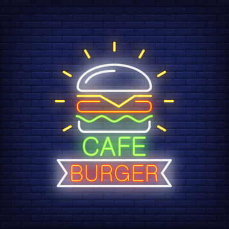 Cafe burger neon sign. Hamburger and ribbon shape on brick wall background. Night bright advertisement. Vector illustration in neon style for fast food restaurantのイラスト素材