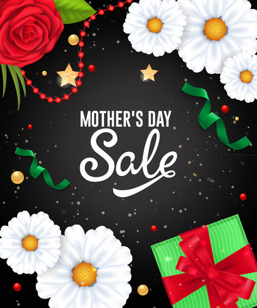 Mother Day Sale lettering with garland, flowers and gift. Mothers Day sale advertising. Handwritten and typed text, calligraphy. For leaflet, invitation, poster, postcard or banner.のイラスト素材