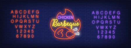 Neon alphabet and chicken on fire with Chicken Barbeque lettering over blue brick background. Restaurant, food store, roadside cafe. Advertisement concept. For signboards, template design, bannersのイラスト素材