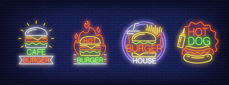 Burger fast food cafe neon signs collection. Neon sign, night bright advertisement, colorful signboard, light banner. Vector illustration in neon style.のイラスト素材
