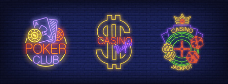 Poker club, night casino, jackpot neon sign set. Logo collection with playing cards, roulette and dollar symbol. Night bright advertisements. Vector illustrations for casinoのイラスト素材