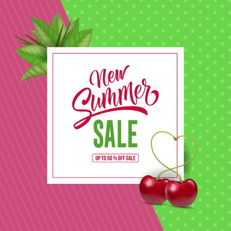 New summer sale lettering with cherries. Summer offer or sale advertising design. Handwritten and typed text, calligraphy. For leaflet, brochure, invitation, poster or banner.のイラスト素材