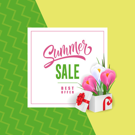 Summer sale best offer lettering with flowers in gift box. Summer offer or sale advertising design. Handwritten and typed text, calligraphy. For leaflet, brochure, invitation, poster or banner.のイラスト素材