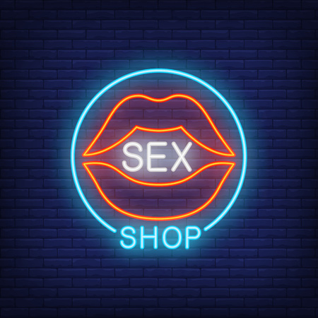Lips with Sex Shop lettering in circle. Neon sign on brick background. Store, electric sign, nightclub. Erotica concept. For topics like entertainment, love, businessのイラスト素材