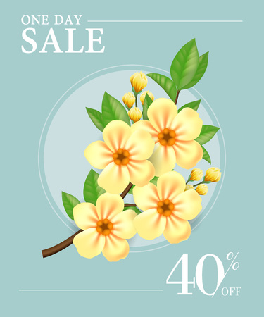 One day sale, forty percent off poster design with yellow flowers in round frame on light blue background.のイラスト素材