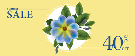 Summer sale forty percent off banner design with blue flower and leaves in round frame on yellow background. Typed text can be used for labels, flyers, signs, posters.のイラスト素材
