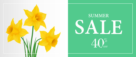 Summer sale, forty percent off banner template with yellow daffodils on green background. Typed text in frame can be used for flyers, signs, posters.のイラスト素材