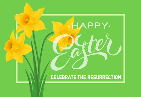 Happy Easter celebrate the resurrection lettering in frame with narcissus. Greeting card, postcard, invitation. Easter holiday concept. Can be used for posters, leaflets and brochureのイラスト素材