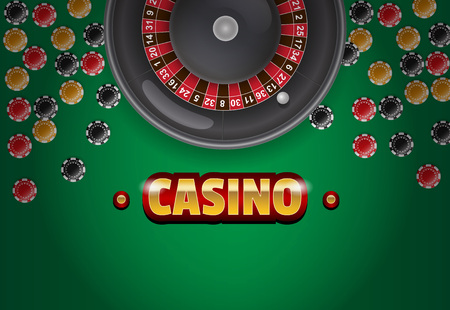 Casino lettering, roulette and chips on green background. Casino business advertising design. For posters, banners, leaflets and brochures.のイラスト素材