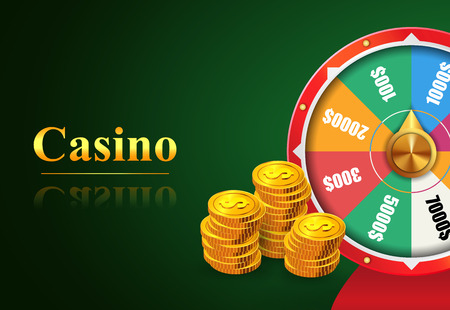 Casino lettering, wheel of fortune with money prizes bets and stacks of golden coins. Casino business advertising design. For posters, banners, leaflets and brochures.のイラスト素材