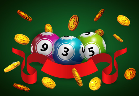 Lottery balls, flying golden coins and red ribbon. Gambling business advertising design. For posters, banners, leaflets and brochures.のイラスト素材